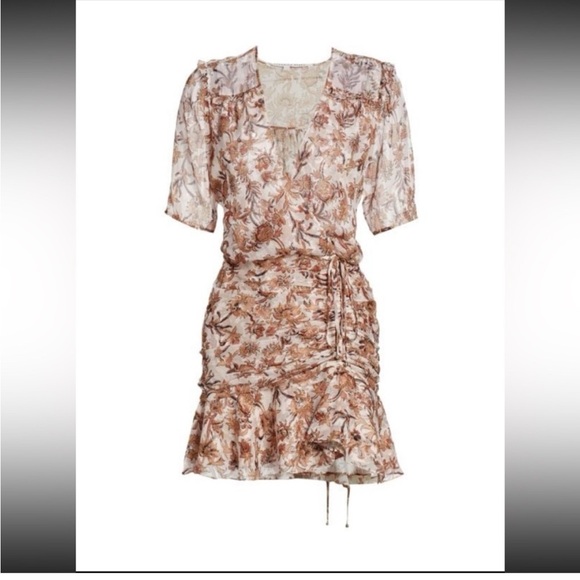 Veronica Beard Dakota Ruched Floral Silk Dress Metallic Tan Brown Mini Size 6 - Picture 4 of 7